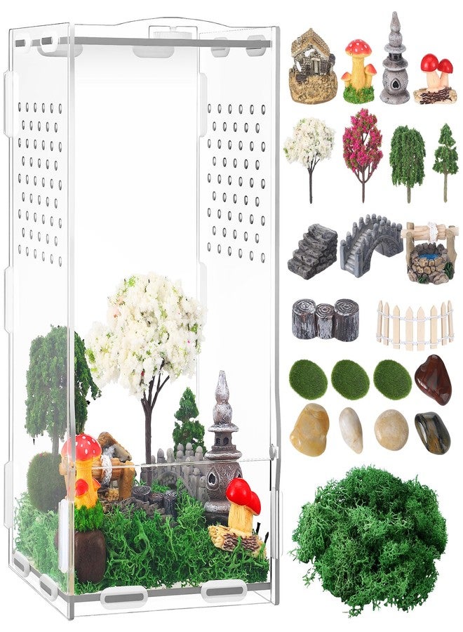 RoundFunny 23 Pcs Jumping Spider Enclosure and Habitat Miniatures Figurines Set Clear Acrylic Enclosure Mini Jumping Spider Accessories for Habitat Decorations Garden Figurines(Moss) - Image 1